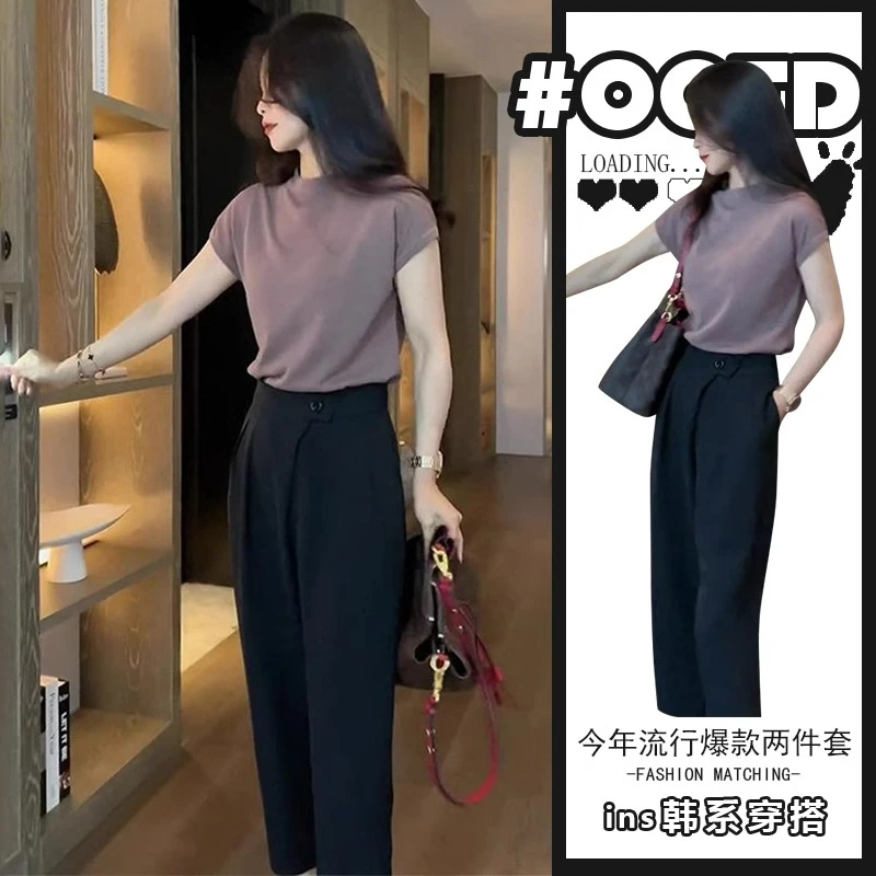 御姐轻熟风穿搭套装女夏季2025新款修身短袖上衣黑色裤子两件套装
