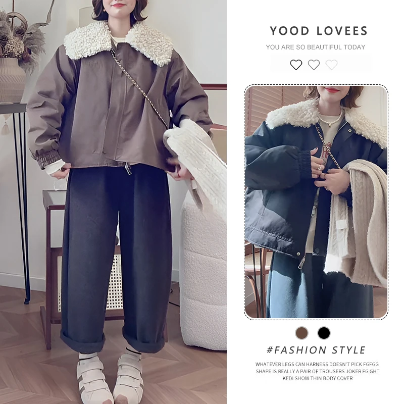 复古毛毛翻领短款外套女2025冬季新款高级感宽松休闲保暖夹克上衣