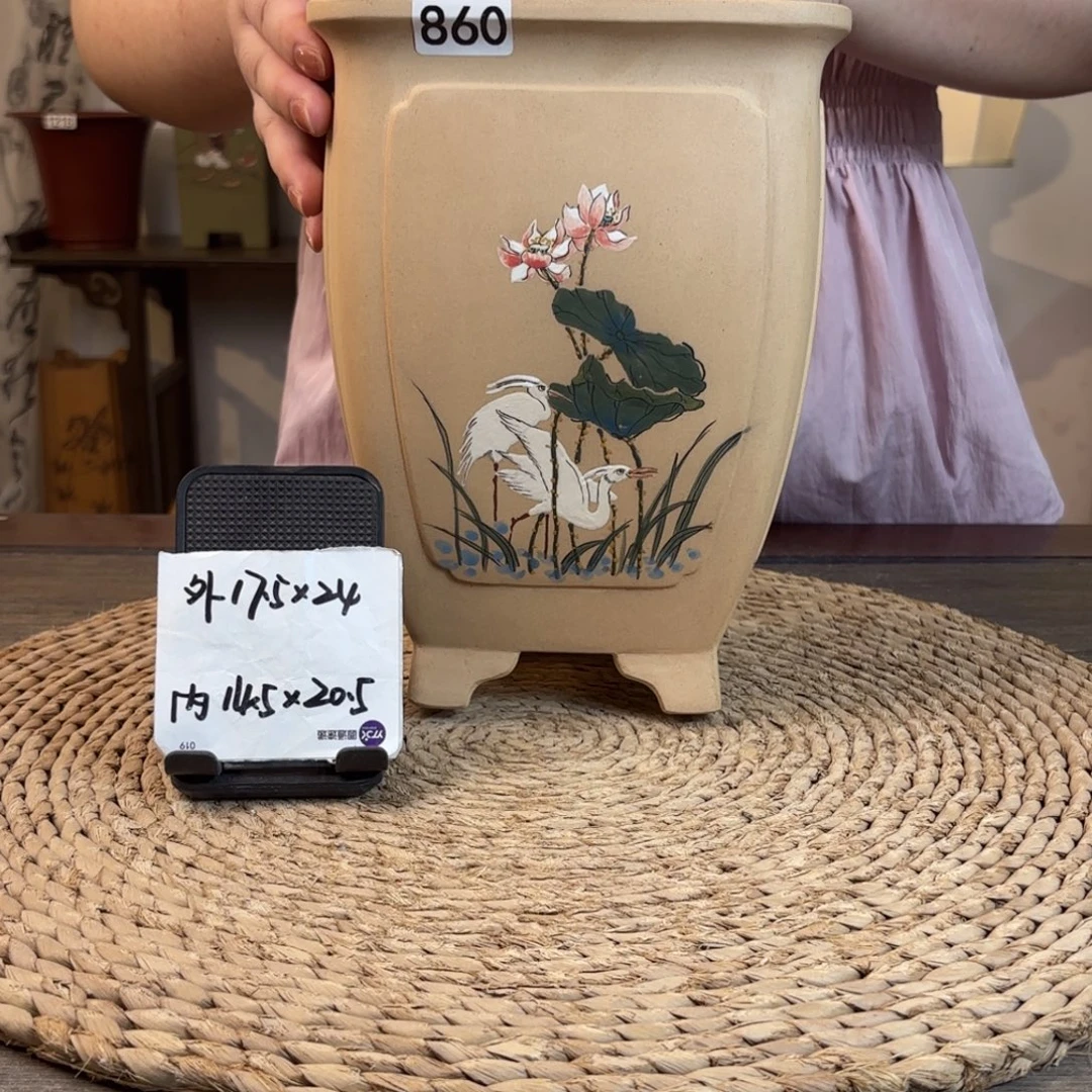 紫砂花盆  白玉段白鹭手绘奎面高四方860