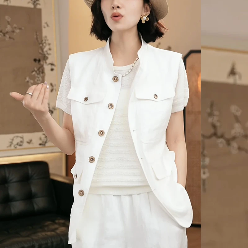 2025夏季新款白色气质亚麻短袖马甲背心外套淡人穿搭显瘦上衣女潮