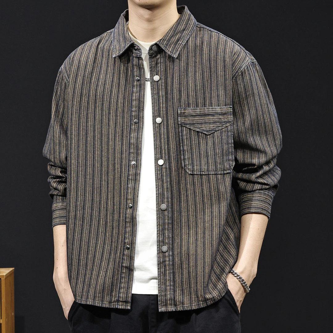 MR.MUDI/穆迪先生条纹提花牛仔长袖衬衫男新款春秋款宽松休闲衬衣