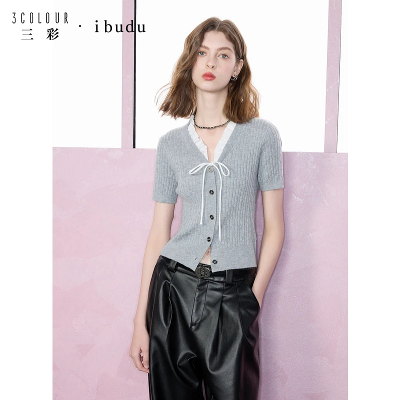 三彩ibudu2025新款修身短款针织衫绞花肌理V领开衫外套女