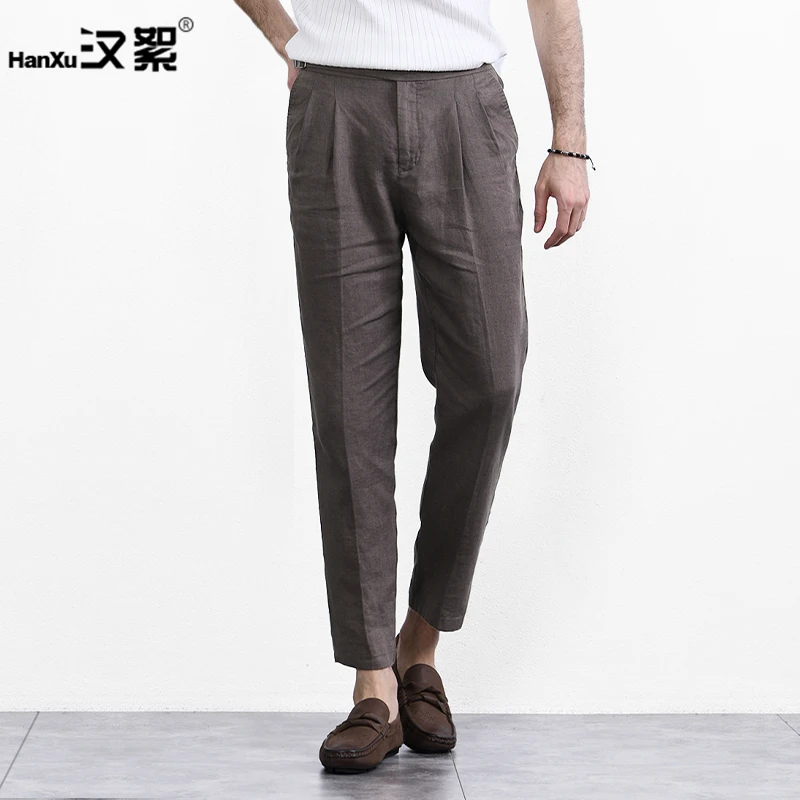 汉絮轻商务老钱风亚麻西裤男士夏季纯色麻料休闲九分裤男直筒裤子