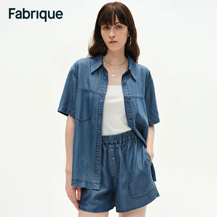 【Fabrique】 Maris 新款复古牛仔蓝莱赛尔短袖衬衫短裤休闲套装