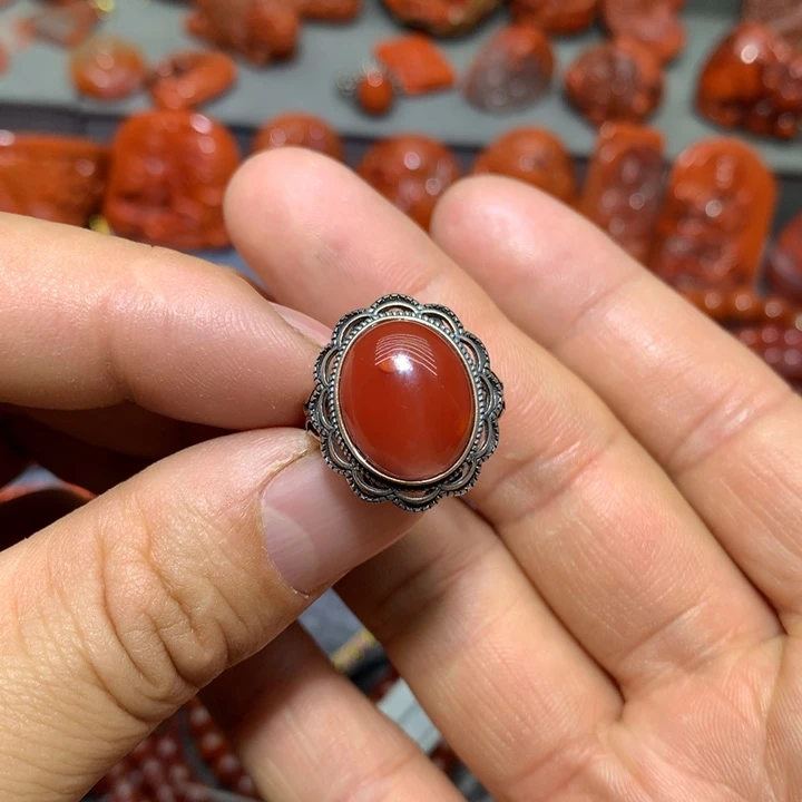 南红玛瑙戒指银S925镶嵌