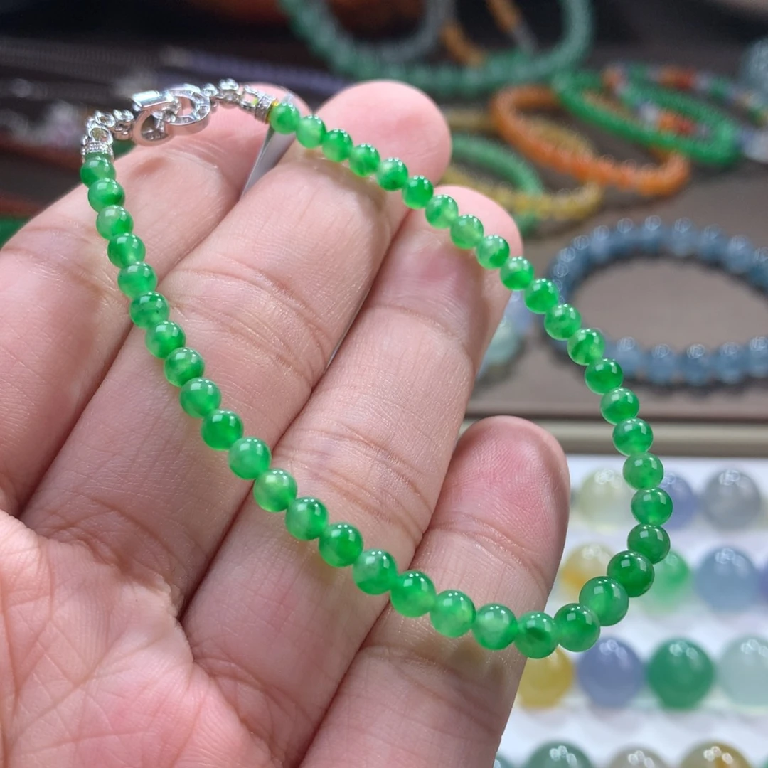 未镶嵌手链翡翠木那金丝阳绿小米单圈 卡3.4~4.46