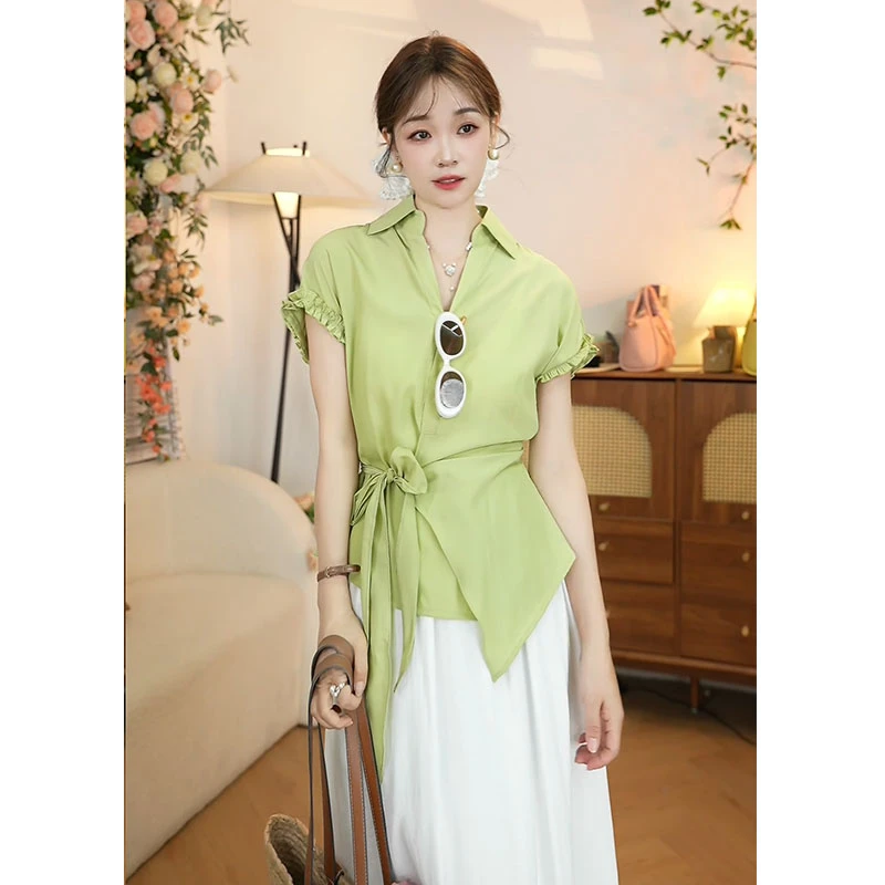 【绿色花苞短袖绑带衬衫】夏季小众设计感系带衬衣气质显瘦百搭上衣