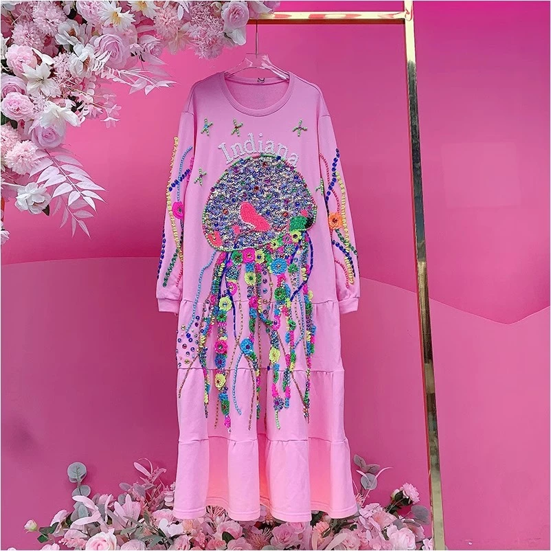 QD1260欧美设计师2025春夏新款重工彩色钉钻刺绣水母花朵连衣裙女