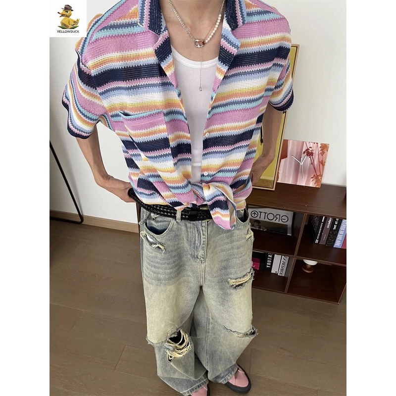 夏季撞色条纹衬衫短袖男女薄款百搭美式复古小众设计感宽松衬衣潮