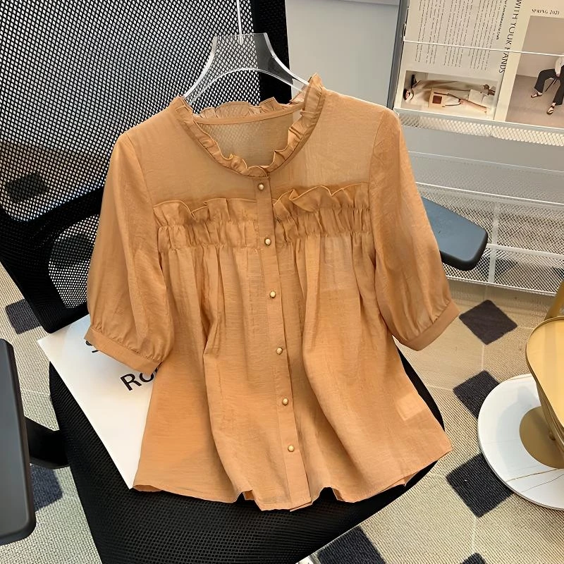 小香风洋气减龄短袖衬衫2026夏新款木耳边财阀千金女装高级感衬衣