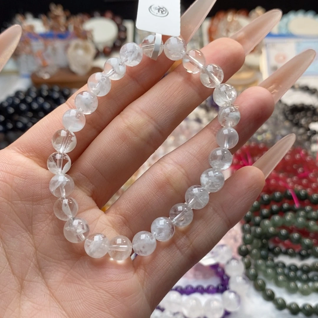 水晶未镶嵌手链高品透体白雪花幽灵7+