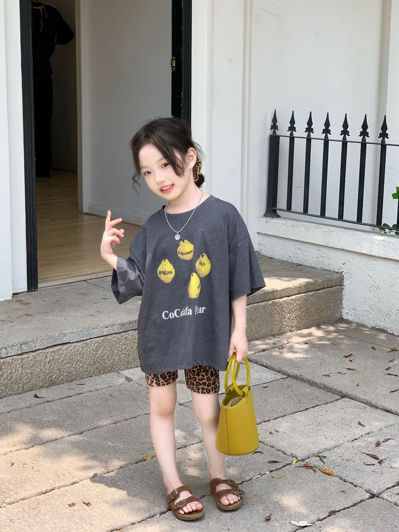 2025夏季新款儿童宽松T恤女宝宝洋气梨子印花女童短袖豹纹裤套装