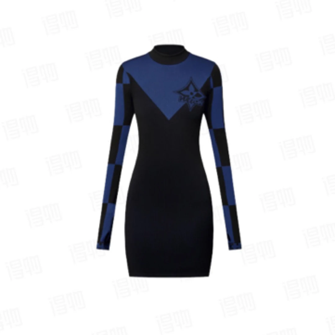 LOUIS VUITTON Logo字母嵌花拼色针织立领长袖连衣裙 /S码/A02248