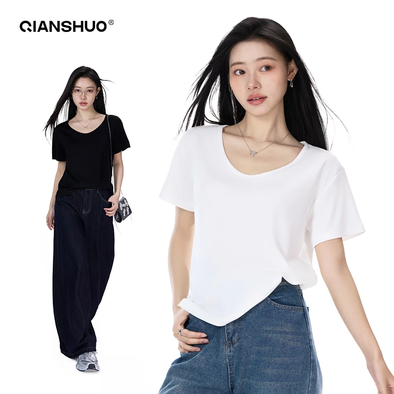 千朔大U领正肩t恤女恋夏风白色短袖大领口宽松显瘦舒适内搭上衣