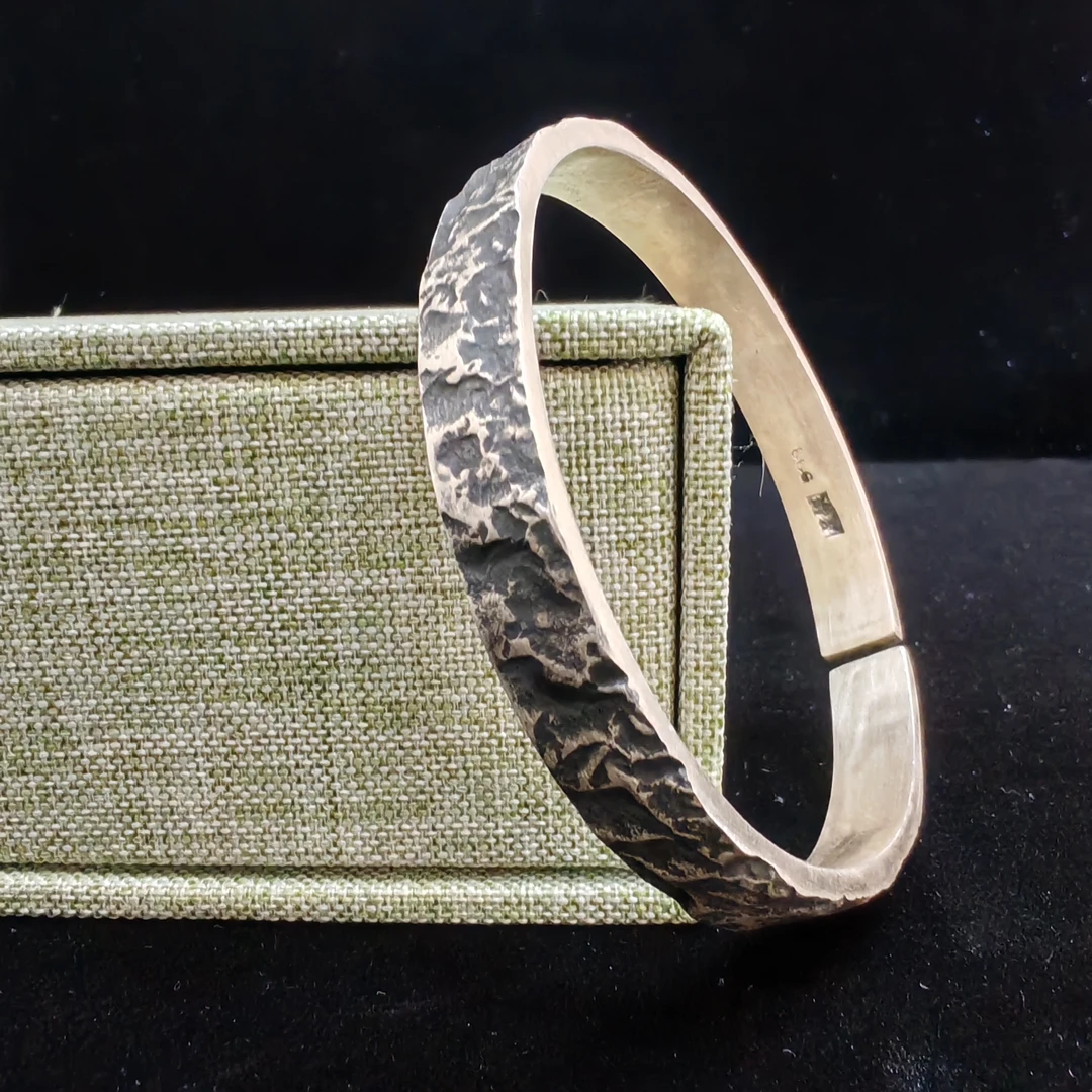 足银手镯 足银999石纹个性男款开口手镯镯子民族风复古