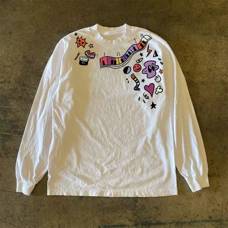 300克重磅！美式高街涂鸦印花T恤男女早秋长袖情侣小众休闲打底衫