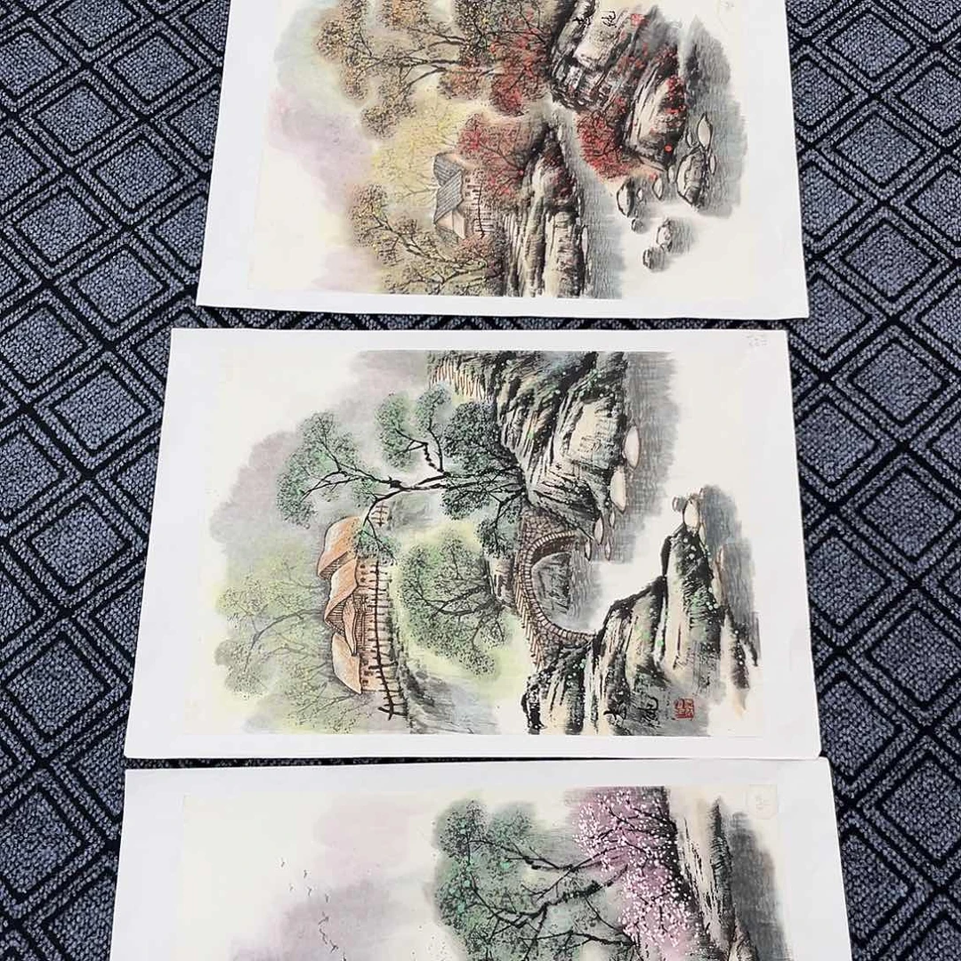 国画四尺三开四条屏山水宋志纯