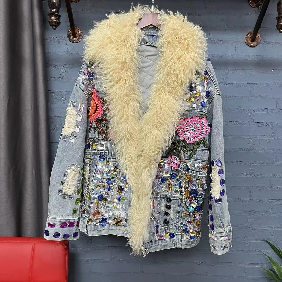 原创潮牌设计款 满钻重工大毛领加厚牛仔外套