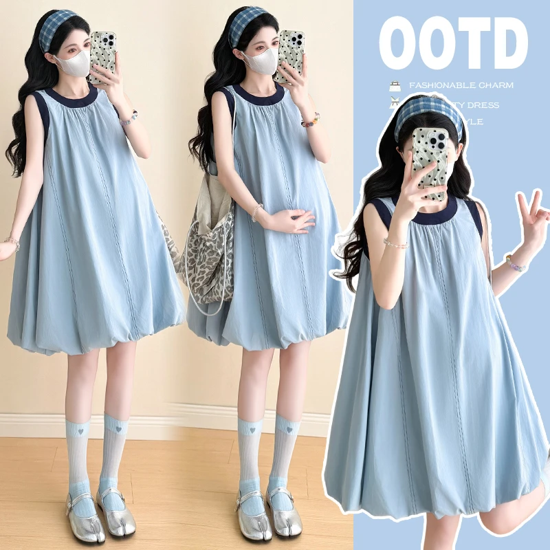 时髦孕妇装夏装韩版时尚宽松圆领简约无袖背心度假显瘦大码连衣裙