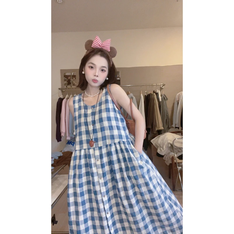 韩系小清新格子背心连衣裙女氛围感穿搭气质长裙子