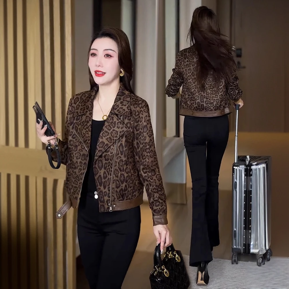 小个子长袖豹纹短外套女洋气拼接上衣春秋新款别致宽松显瘦夹克衫