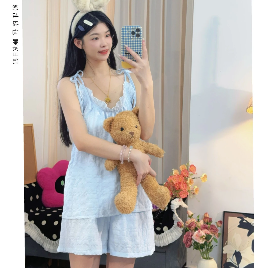 夏季新品可调节系绳吊带三件套带胸垫轻薄透气泡泡棉纱睡衣家居服