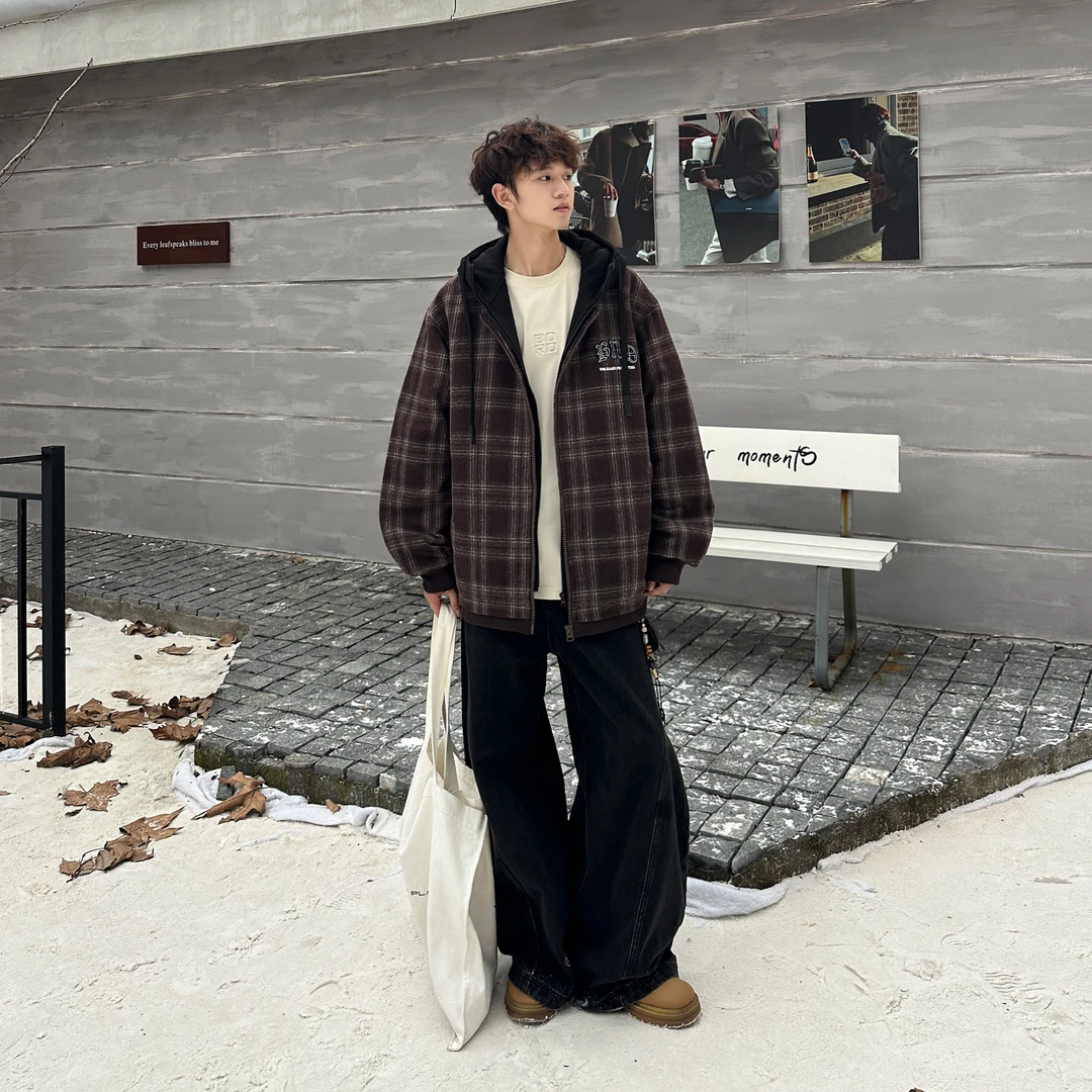 加棉外套青少年时尚潮流简约百搭连帽秋冬格子宽松休闲二棉外套