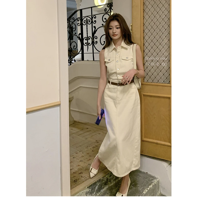 2025春夏新款小众设计收腰牛仔裙女法式时髦气质纯色连衣裙子长款