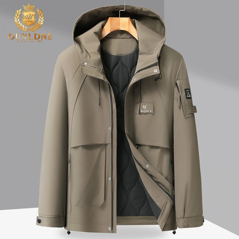 OUXLDNE 大码保暖连帽棉服男冬季保暖插肩袖棉衣中年休闲宽松外套