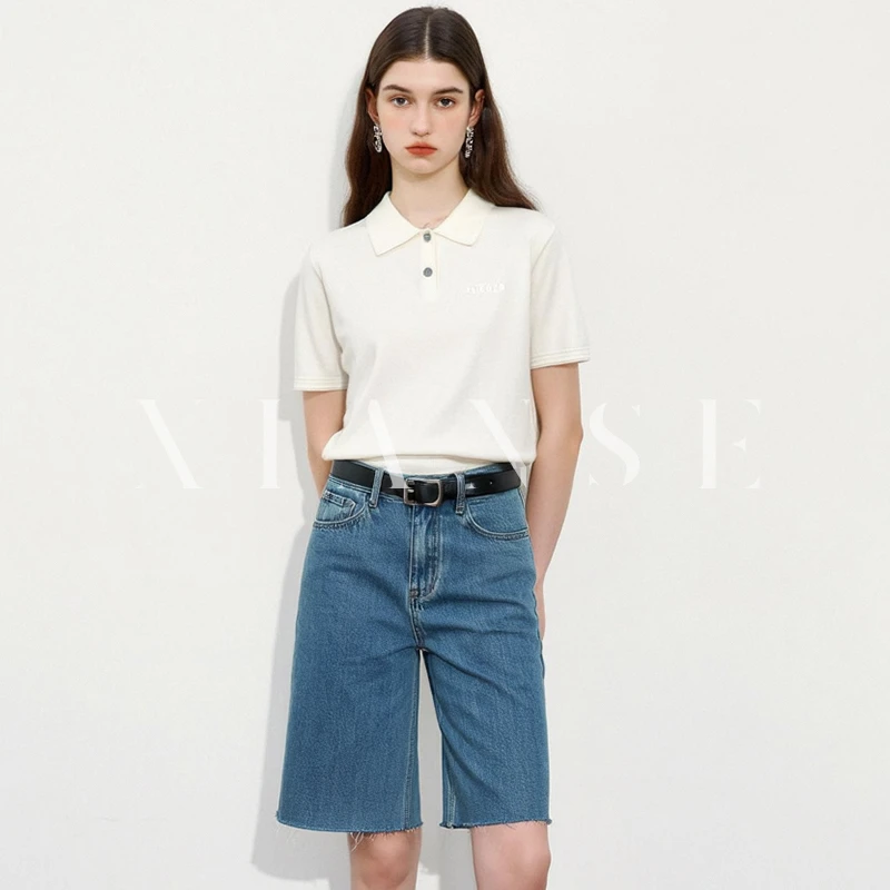 夏季纯色复古针织短袖翻领扣子polo衫女字母刺绣2025新款T恤显瘦