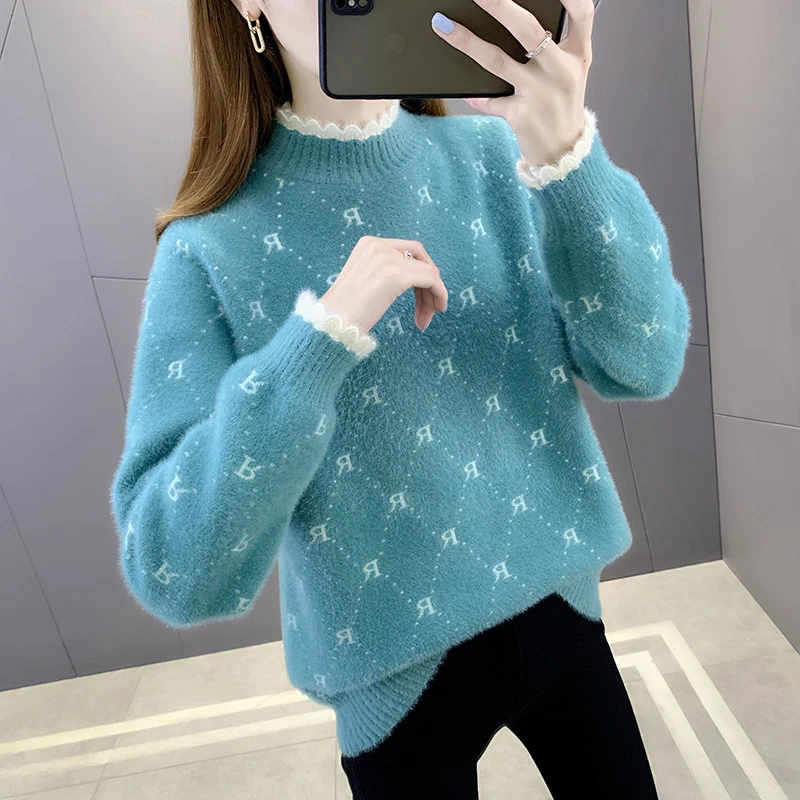 水貂绒半高领毛衣女洋气内搭2024秋冬新款加绒加厚学生打底针织衫
