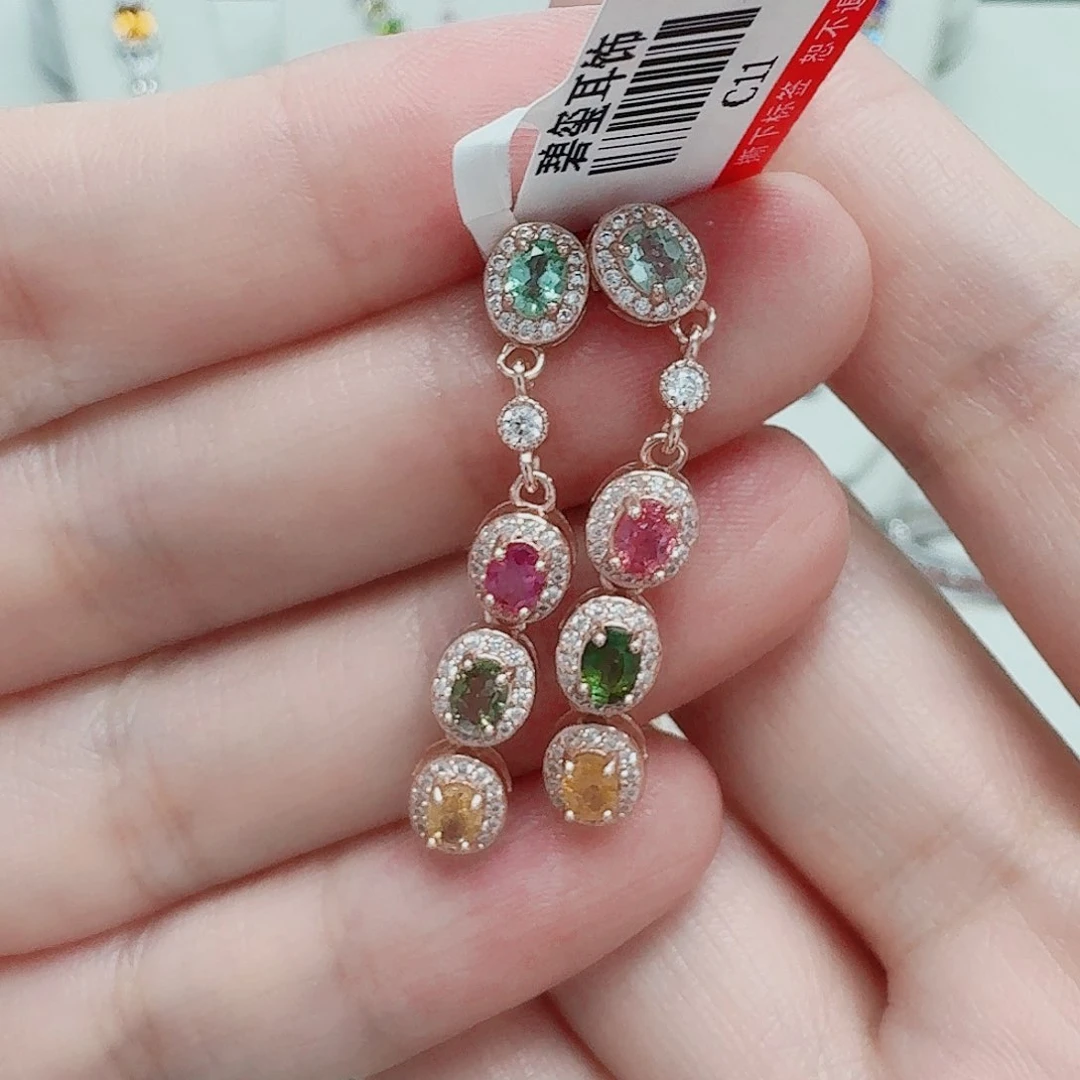 碧玺耳饰银S925镶嵌耳钉