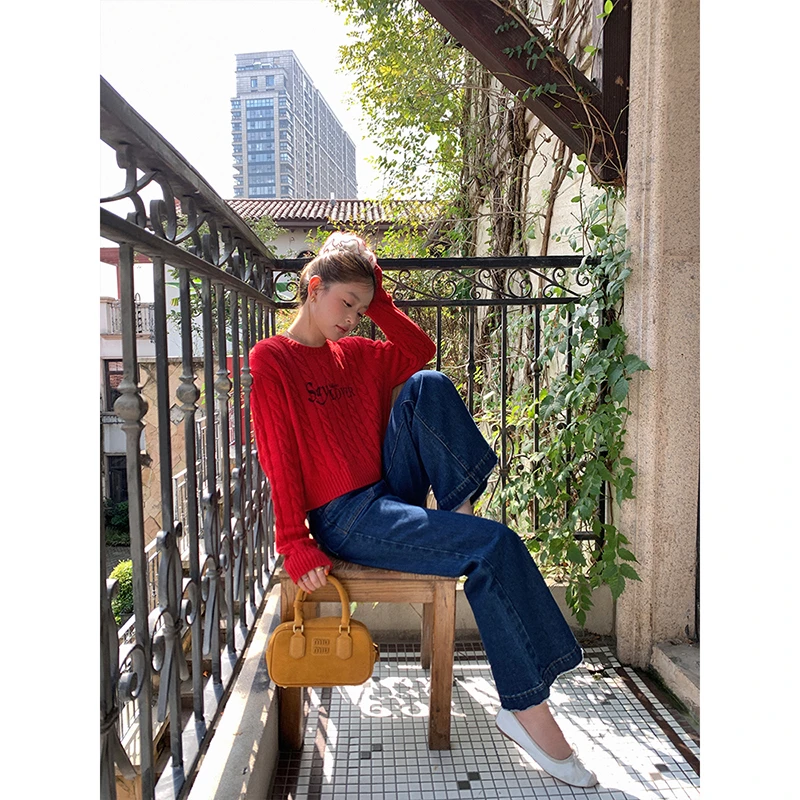 CHERI.Z高智少女感 羊毛混纺纱蓬松柔软 落肩宽松麻花毛衣