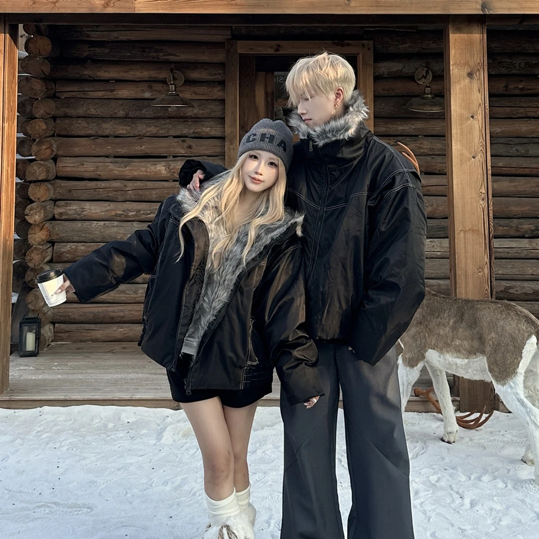 情侣装秋冬复古美式cleanfit座山雕连帽棉服外套男女同款休闲百搭