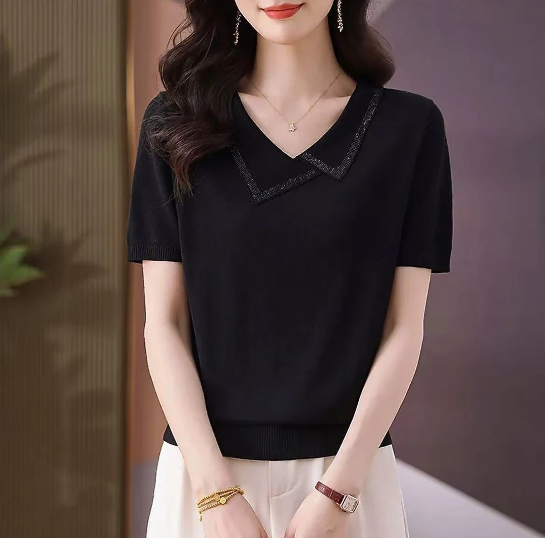 2025夏季新款韩版斜翻领重工气质烫钻短袖宽松休闲百搭针织衫T恤