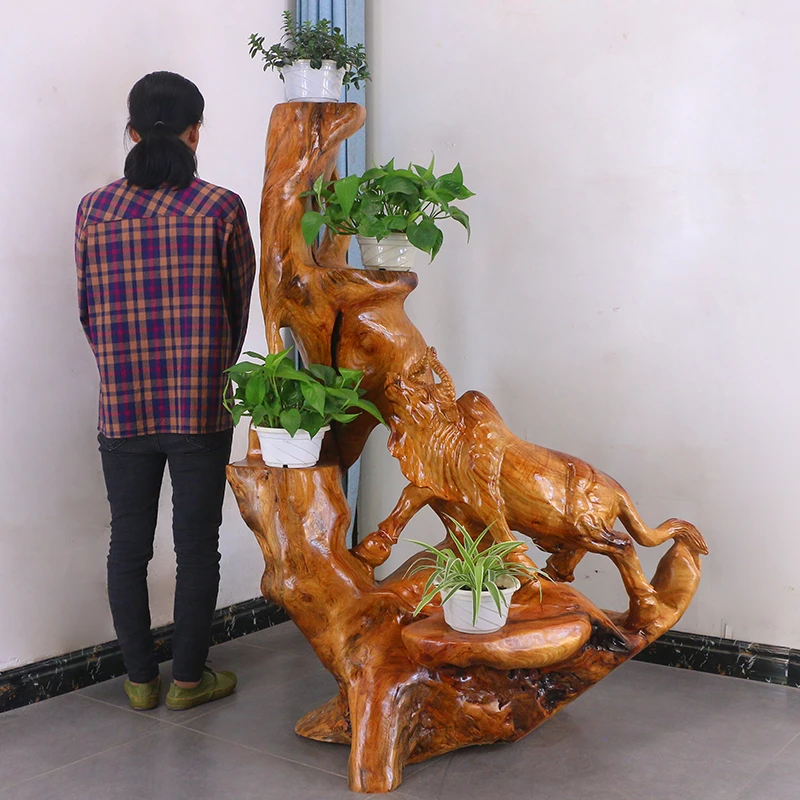 根雕花架实木天然树根底座香樟木原木天然随形客厅摆件MH11029