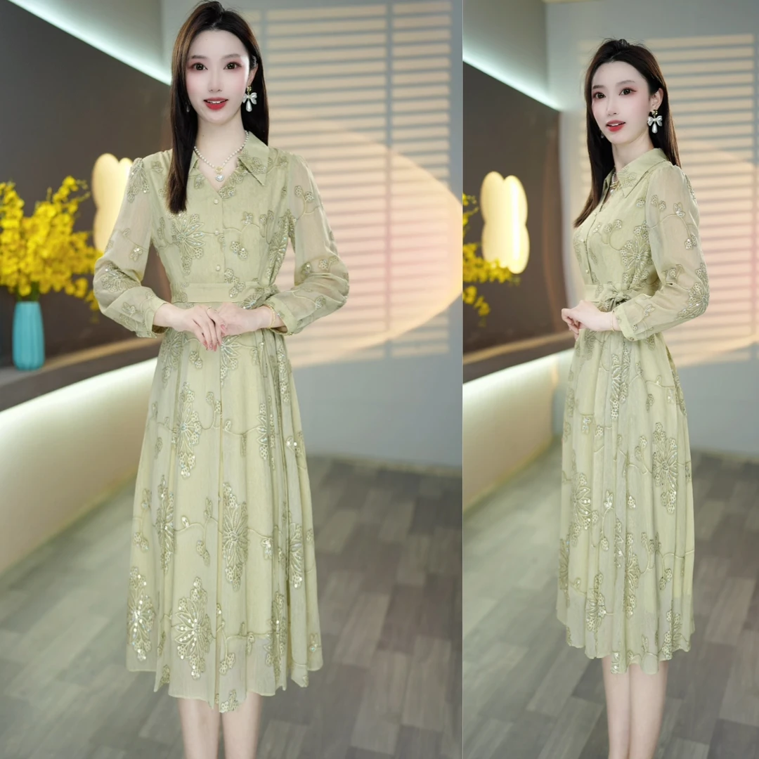 [连衣裙]11新款夏季刺绣连衣裙女长袖镂空气质印花中长款高贵裙子