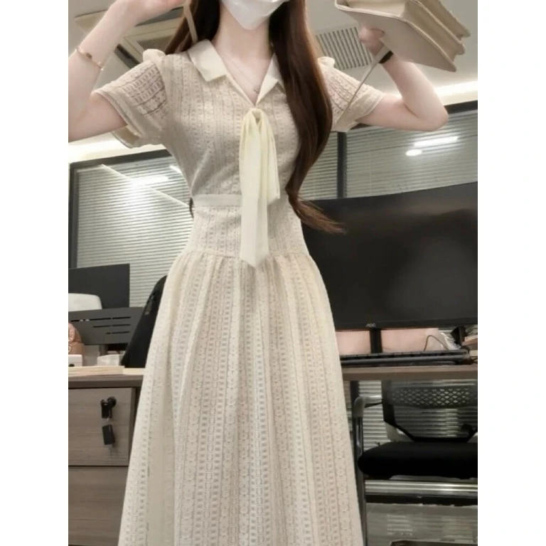 parkyeon法式优雅气质POLO领飘带蕾丝连衣裙女白月光纯欲长裙子