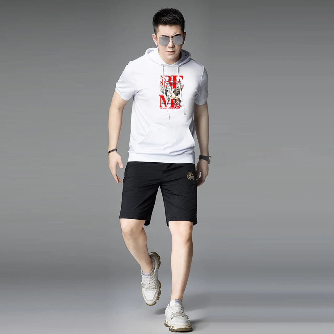 欧洲站夏季男士连帽短袖短裤套装2025新款高端潮牌男装运动两件套