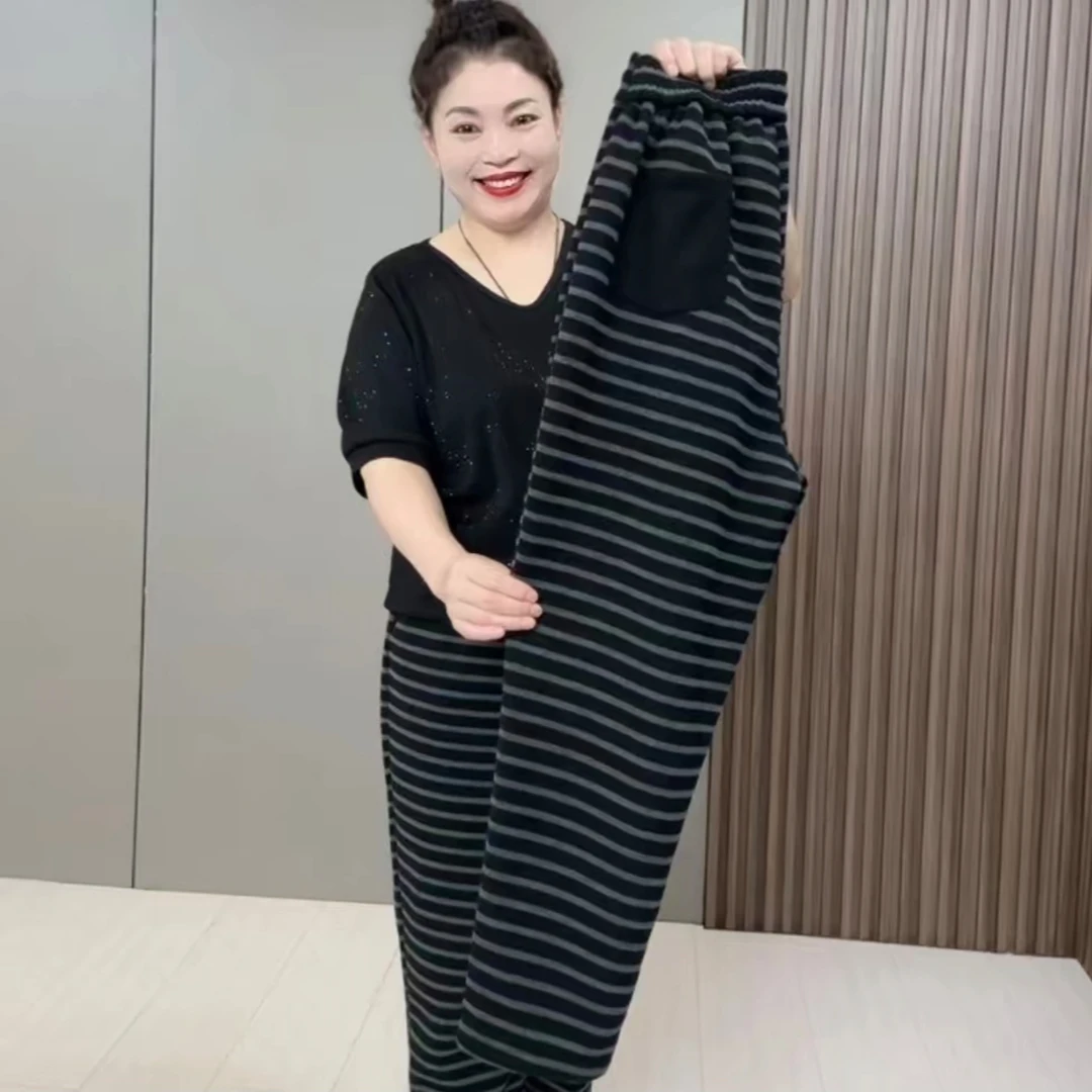 1913洋气大码条纹加绒保暖条纹休闲裤