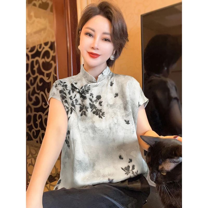 新中式国风女装短袖斜门襟衬衫女夏季薄款上衣25061612