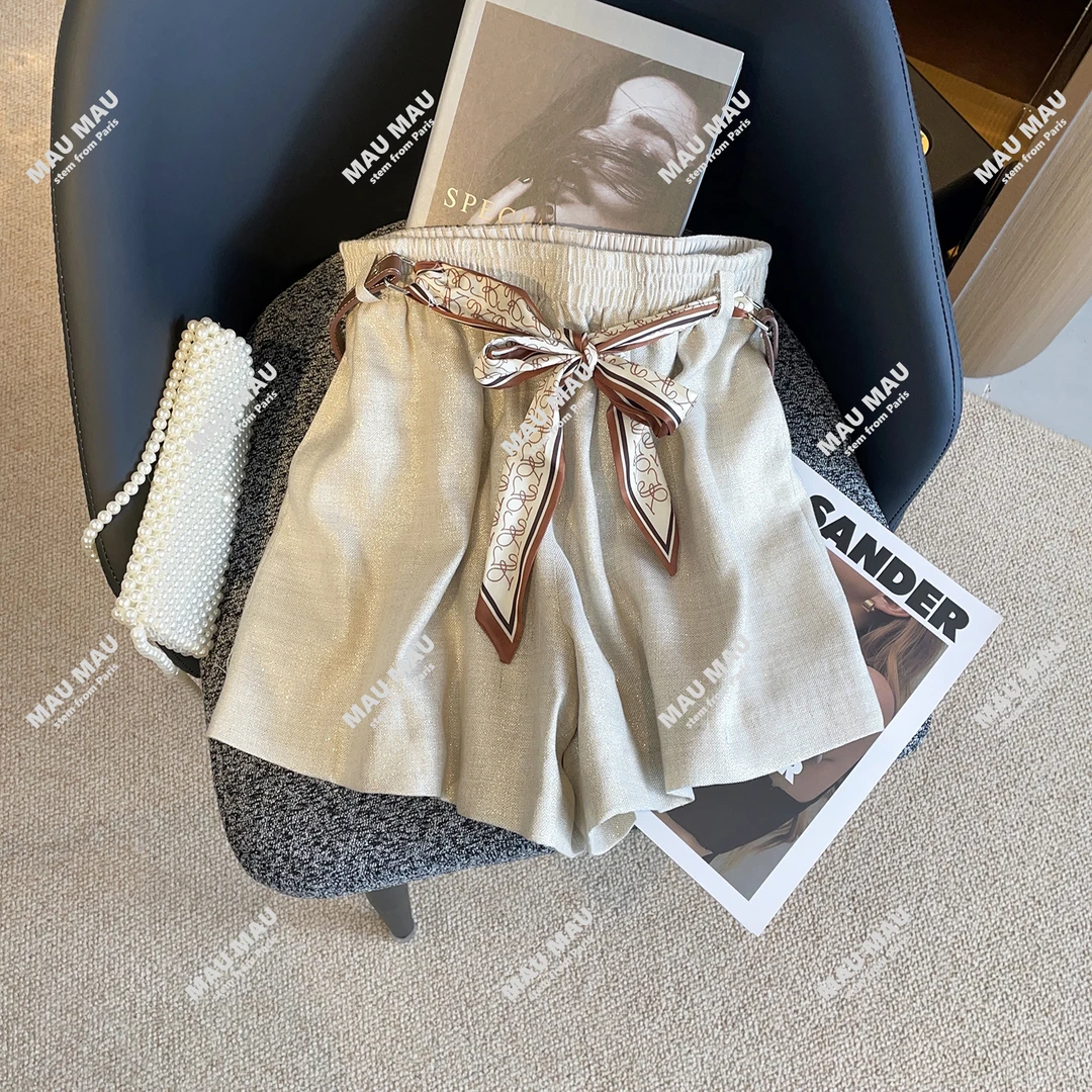 夏季新款百搭松紧腰丝巾腰带休闲A字阔腿短裤女 DY7900