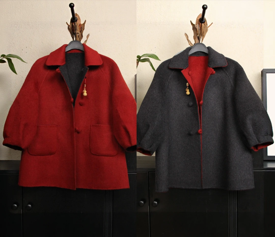 【福禄双全】亲子装【两面可穿】[手缝羊毛]加厚秋冬大衣灯笼袖设计