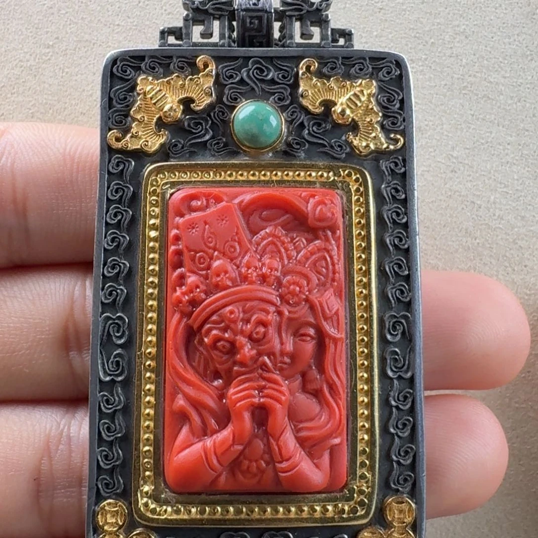 南红玛瑙银S925镶嵌阿东寨老料扎基拉姆吊坠