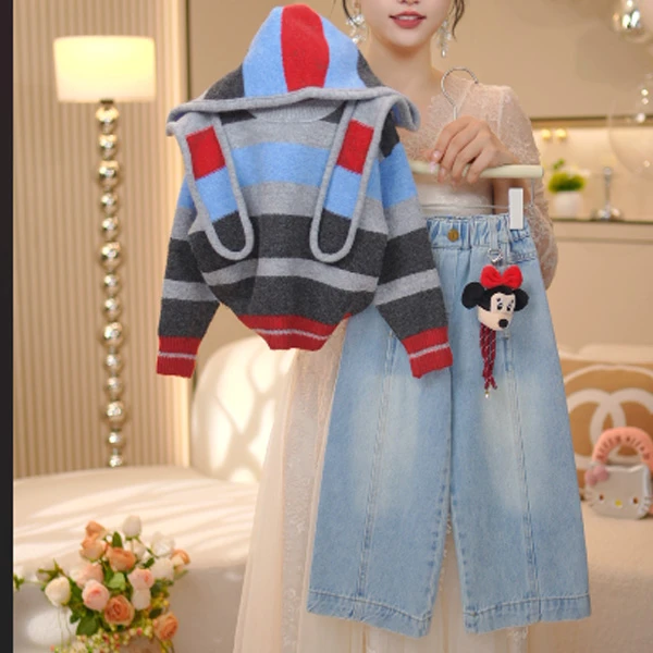 【九糖】女童毛衣针织开衫牛仔裤秋季中大童百搭长袖上衣外套时髦