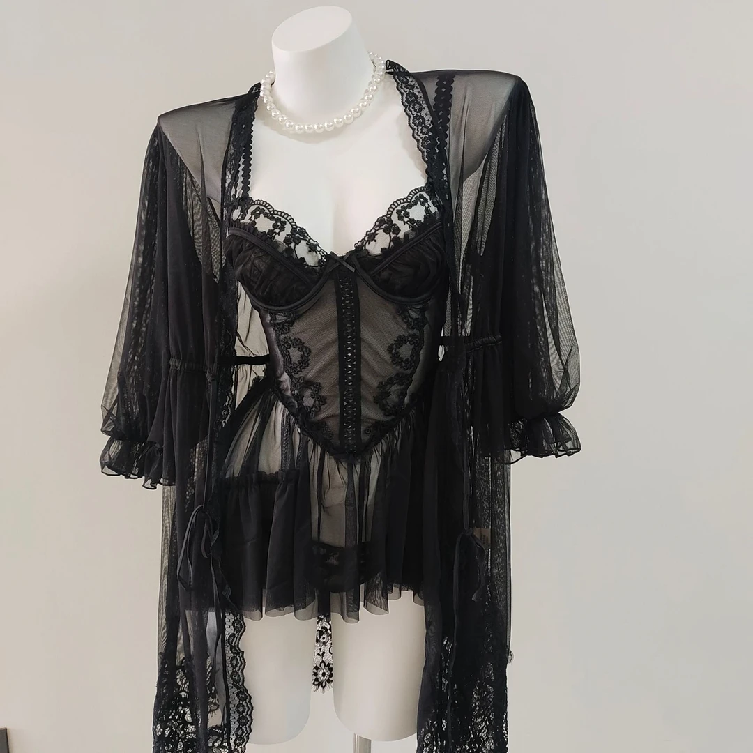 性感约会睡衣吊带睡裙女春秋冬款透视网纱纯欲家居套装