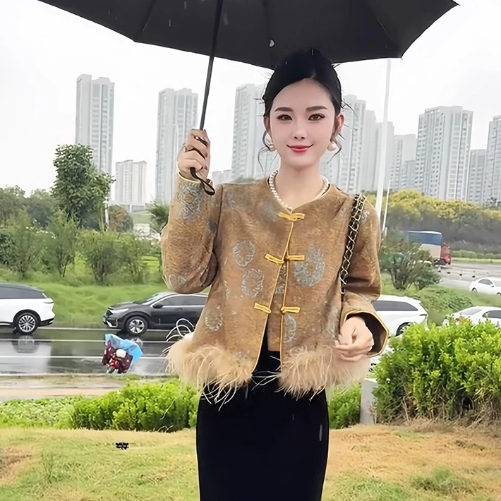 秋季新中式国风圆领短外套女加厚时尚气质复古百搭毛毛上衣女潮流
