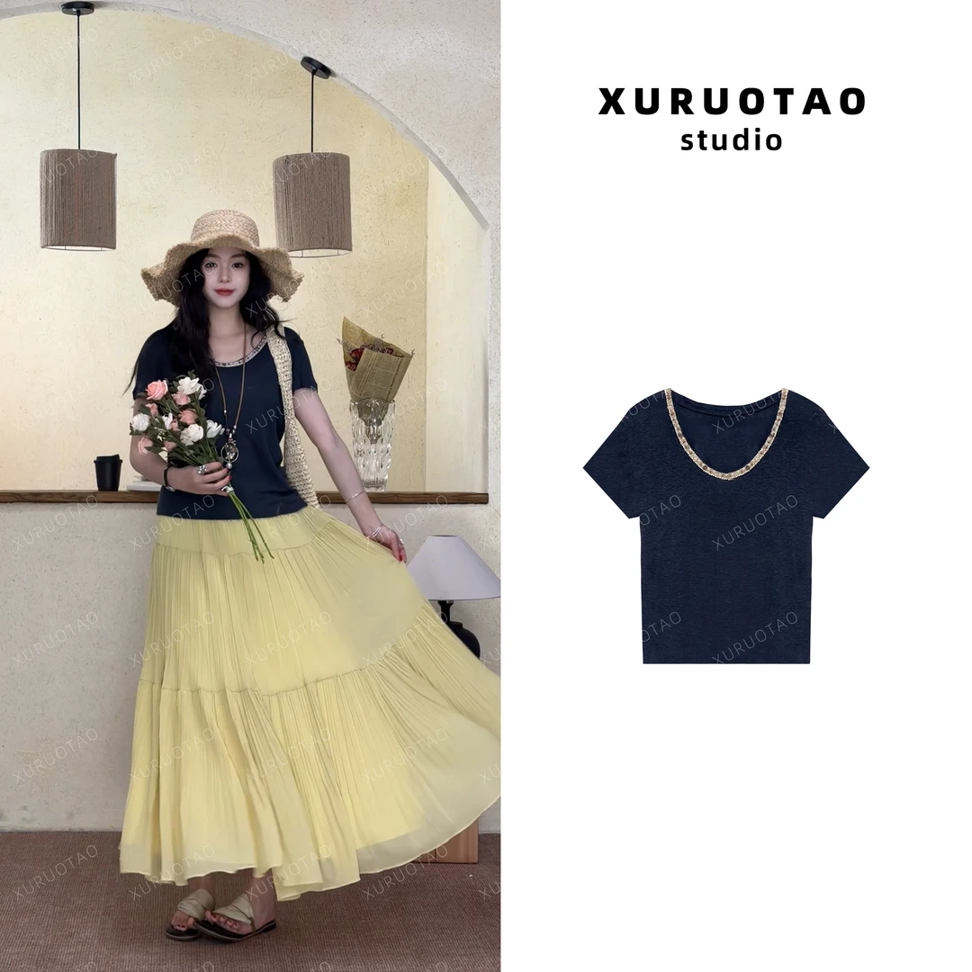 XURUOTAO【复古杂志】亚麻U领设计感显瘦藏蓝色针织T恤上衣 T5186