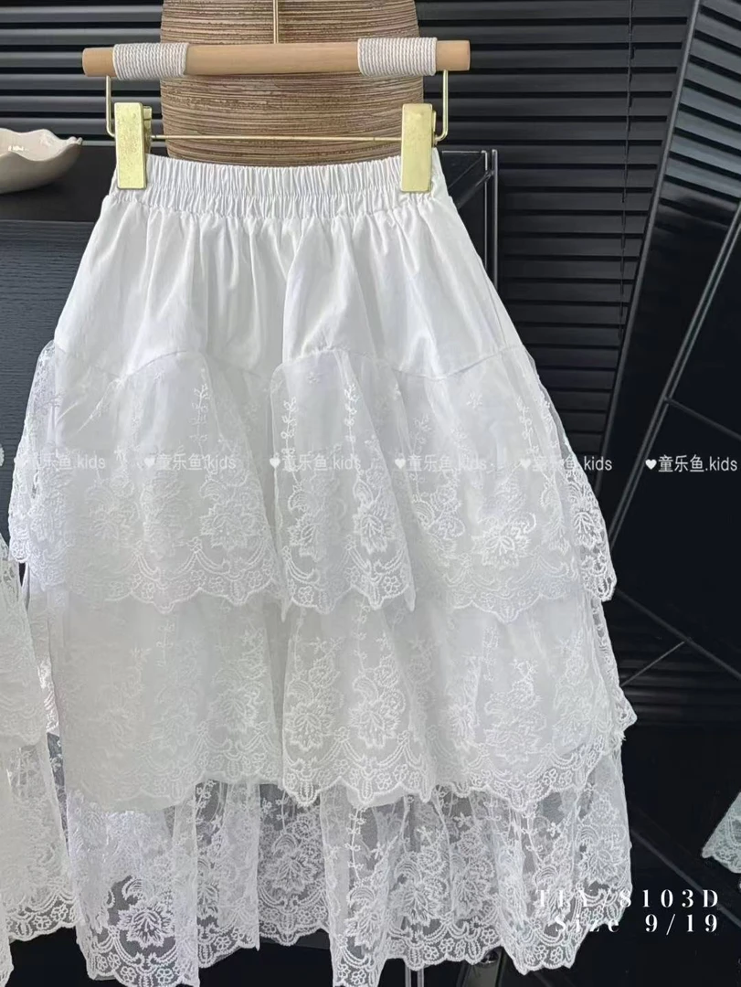 女童秋装白色甜美百搭短裙洋气蕾丝公主风半身裙