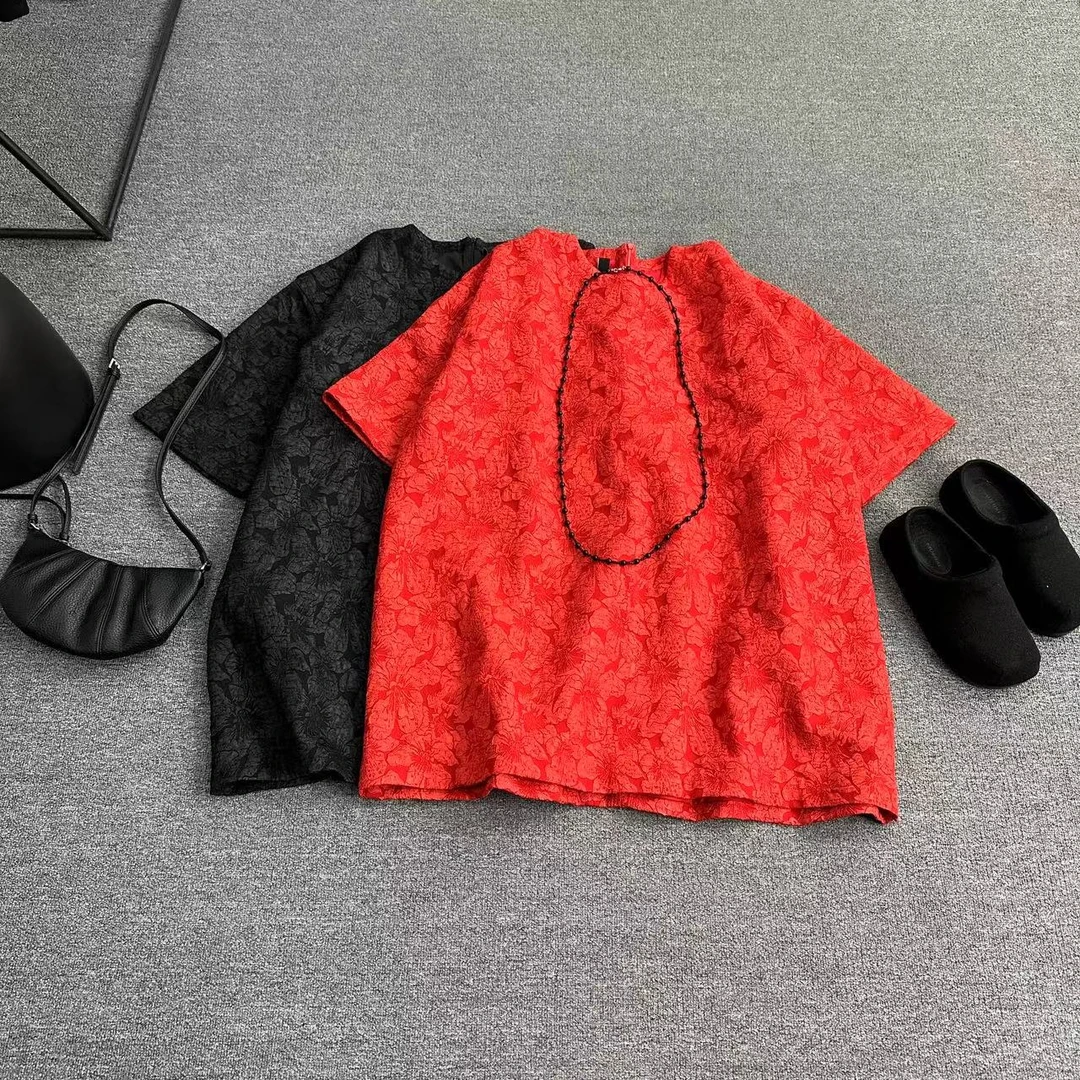 瑶睿安240斤2025春款原创大码套头红色提花上衣老钱风复古 5521